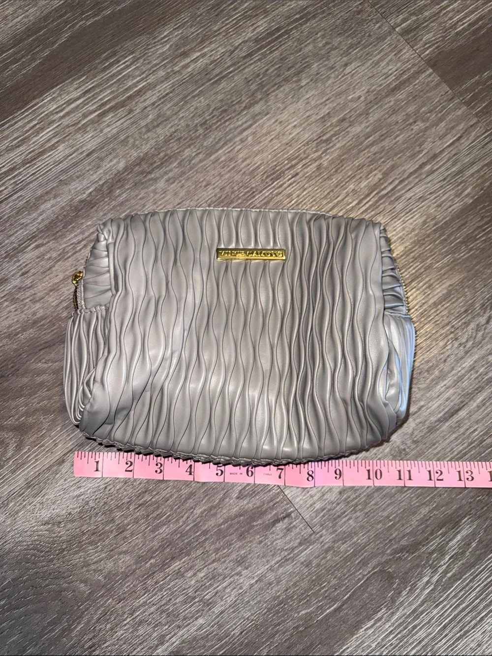 Vince Camuto Silver-Gray Quilted Ripple Cosmetic Bag zipper call out